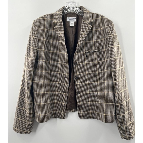 Pendleton Jackets & Blazers - Pendleton Women's 100% Wool Cropped Blazer Herringbone Check Brown Size 14 EUC